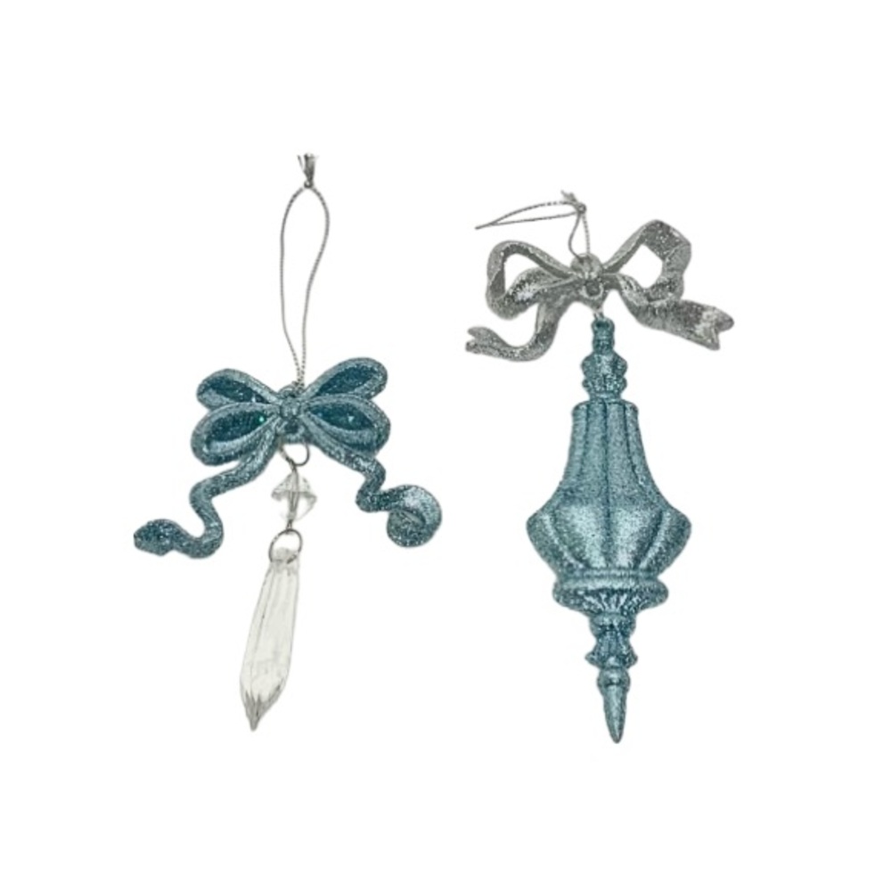 Blue & Silver Glitter Bow Faux Crystal Feminine Christmas Ornaments Set New